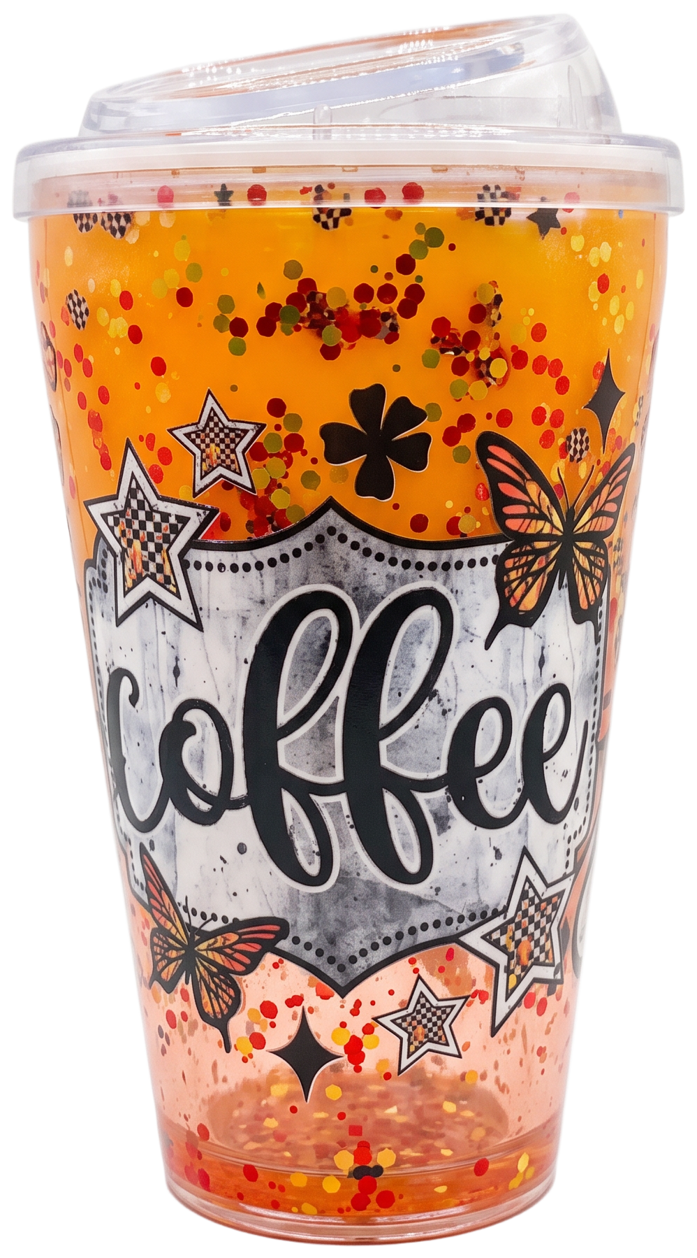Orange and pink glitter coffee tumbler with butterflies, stars and coffee lettering